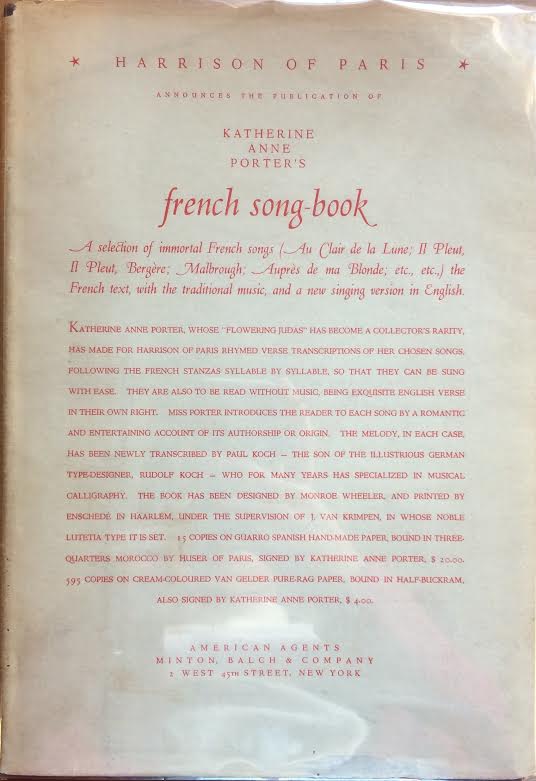 Item #110461 Katherine Anne Porter's French Song-Book (Signed First Edition). Anne Porter, Katherine.
