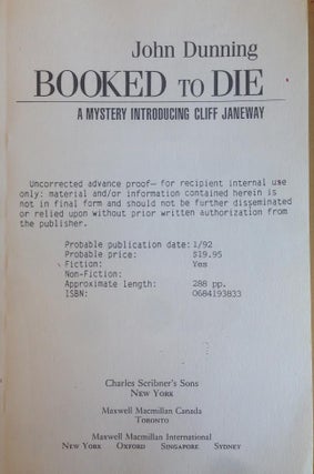 Item #164391 Booked to Die: A Mystery Introducing Cliff Janeway. John Dunning
